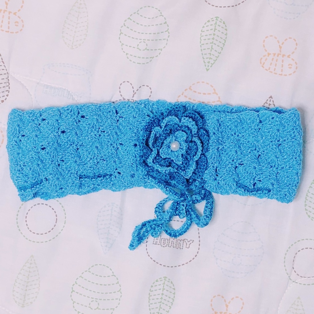 Crochet Headband with adjustable strap in blue
